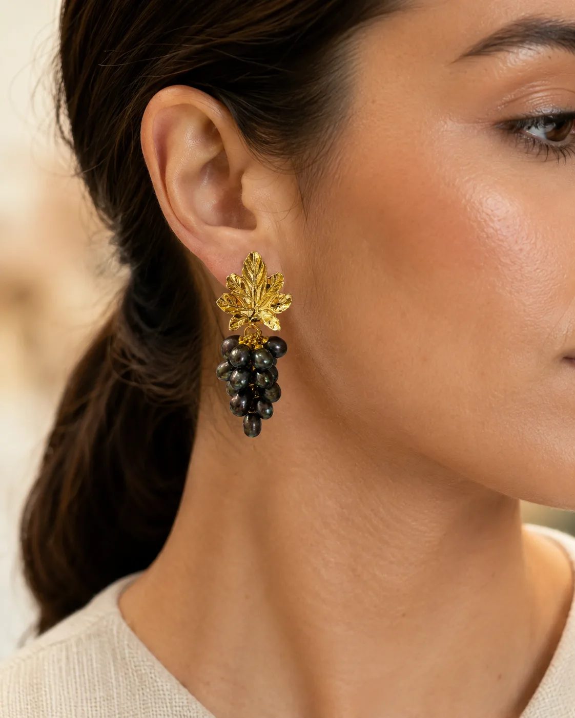 Black Pearl Grape Cluster Brass Earrings