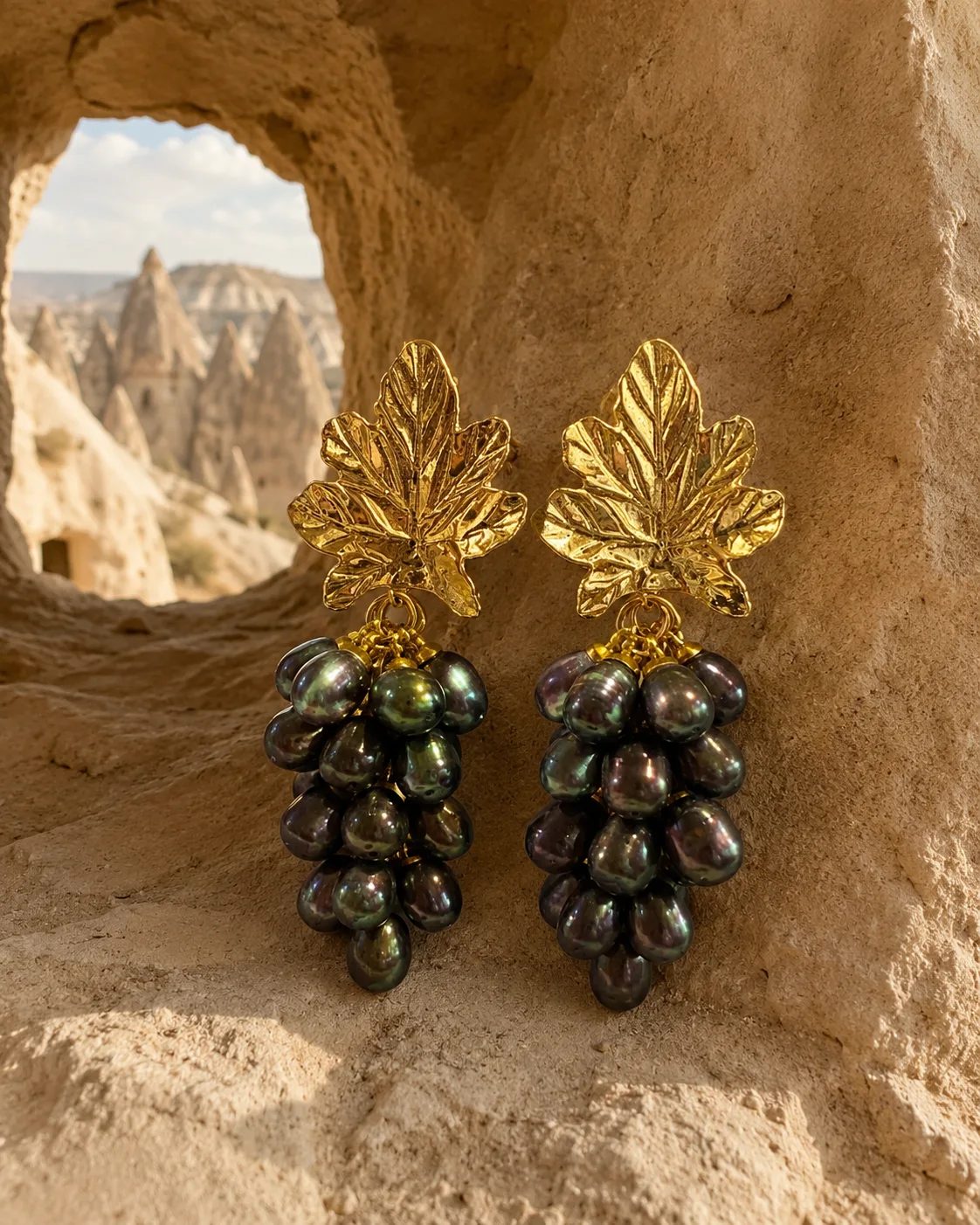 Black Pearl Grape Cluster Brass Earrings