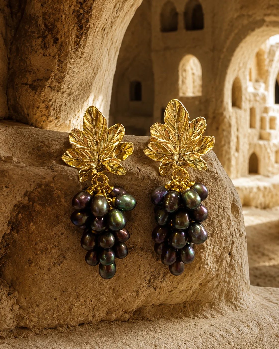 Black Pearl Grape Cluster Brass Earrings