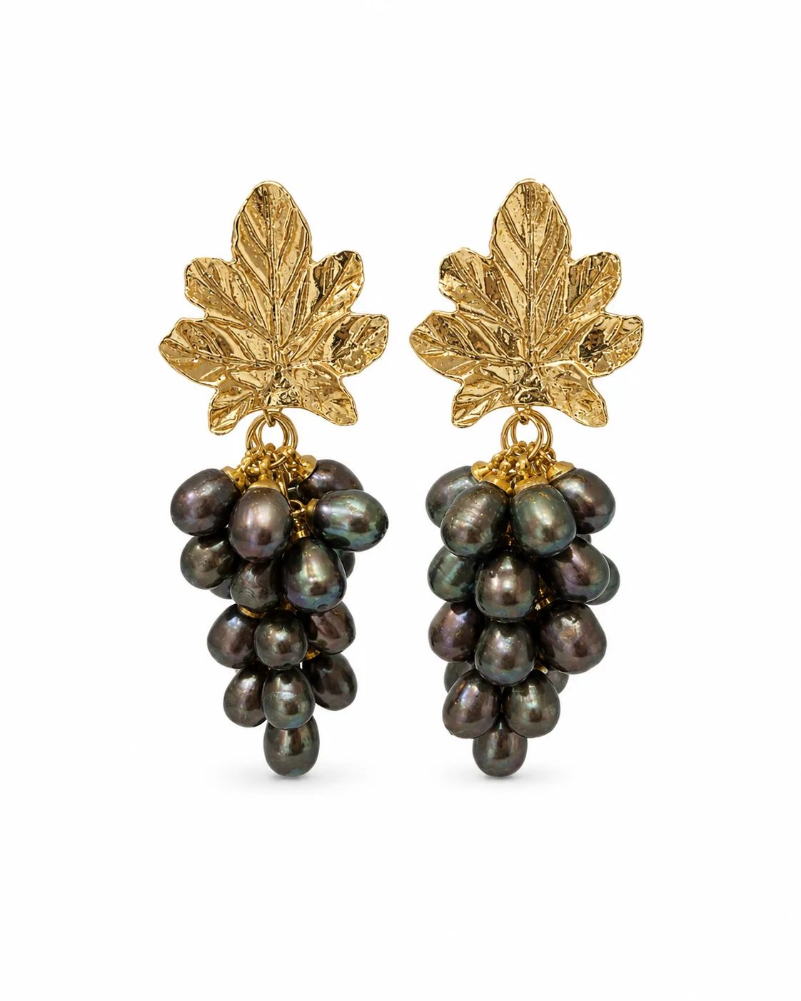 Black Pearl Grape Cluster Brass Earrings