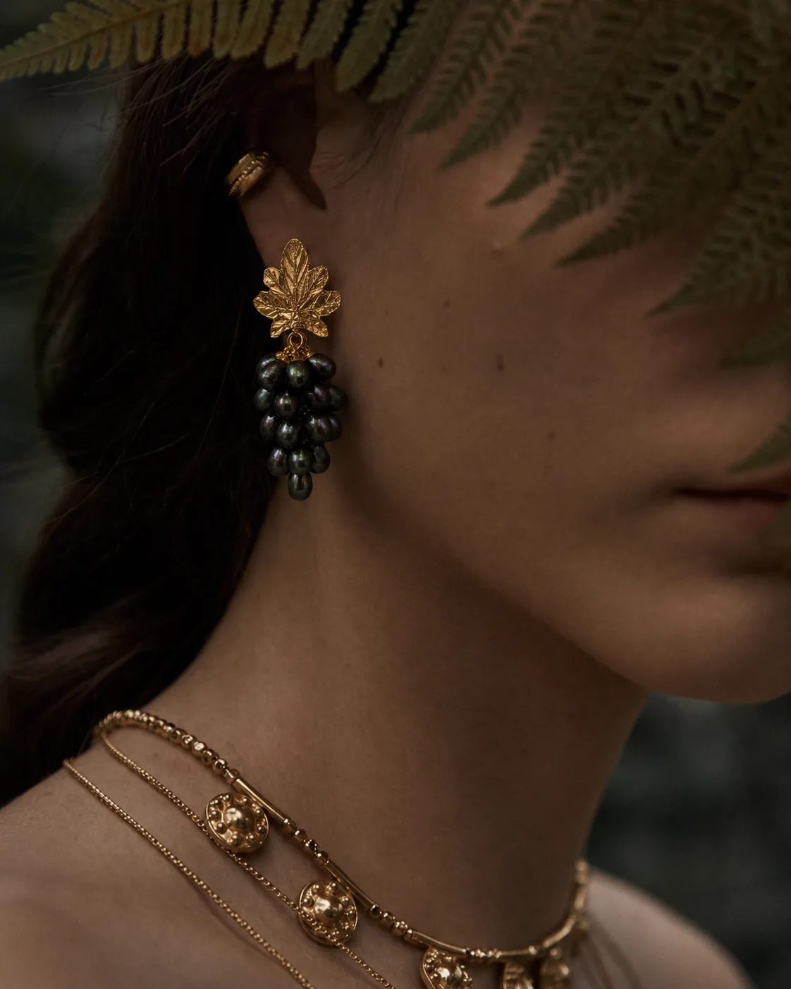 Black Pearl Grape Cluster Brass Earrings — Earrings — Image 1