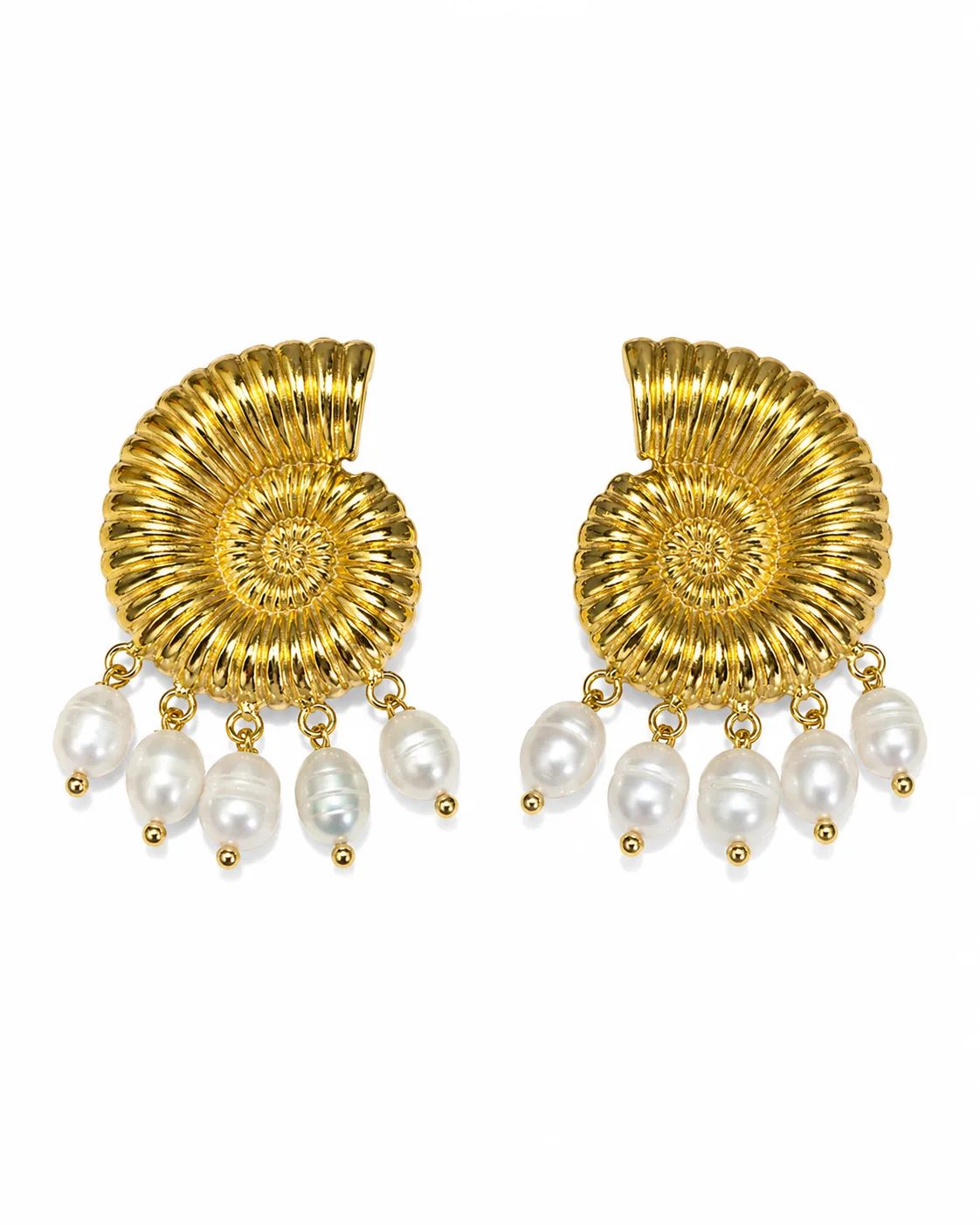 Gold plated brass nautilus spiral statement earrings with dangling white pearl drops