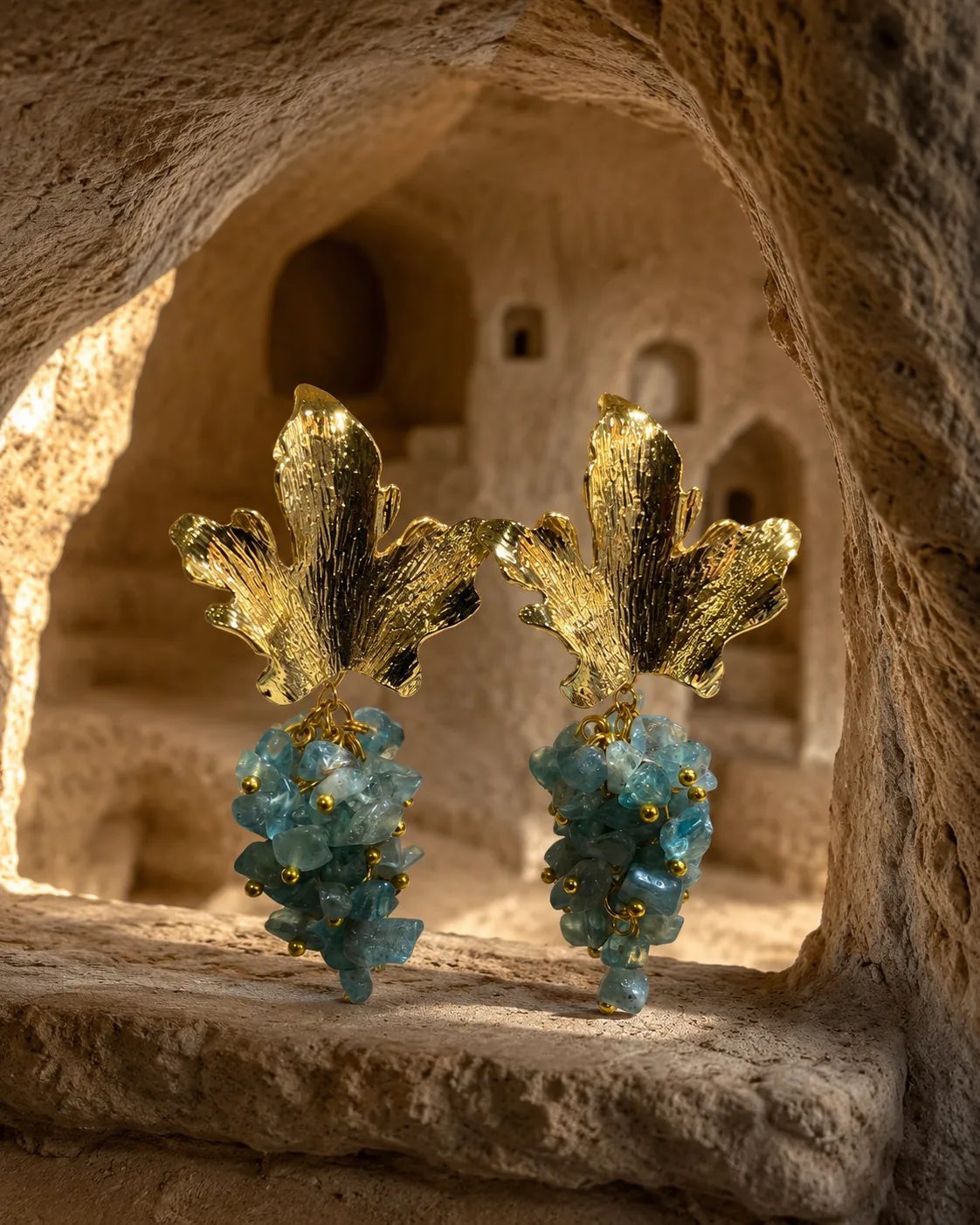 Blue Apatite Cluster Brass Earrings