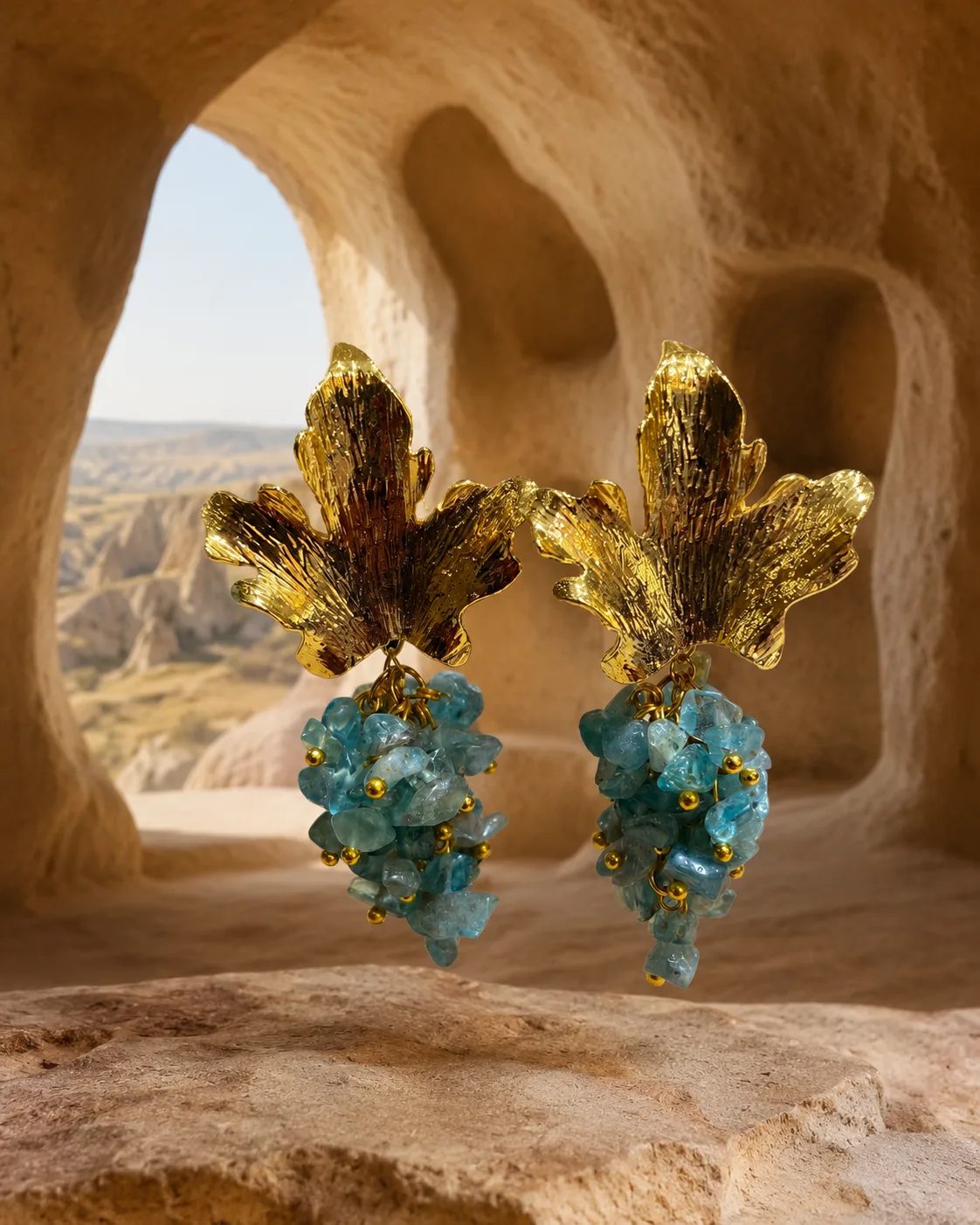 Blue Apatite Cluster Brass Earrings